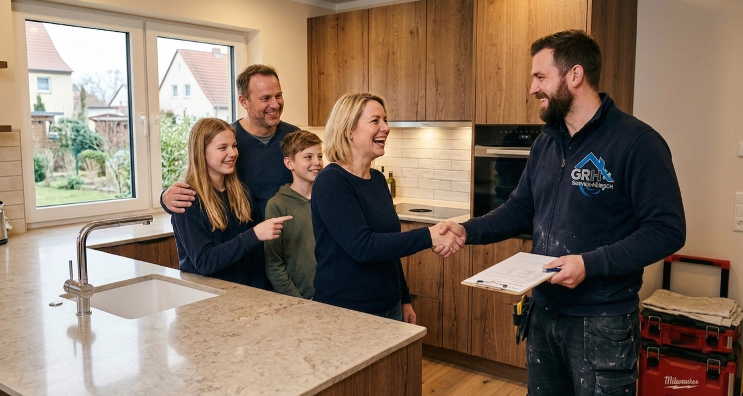 GRH Service Hübusch Einzelunternehmen – Handwerker – Glückliche Familie plant Küche mit Handwerker